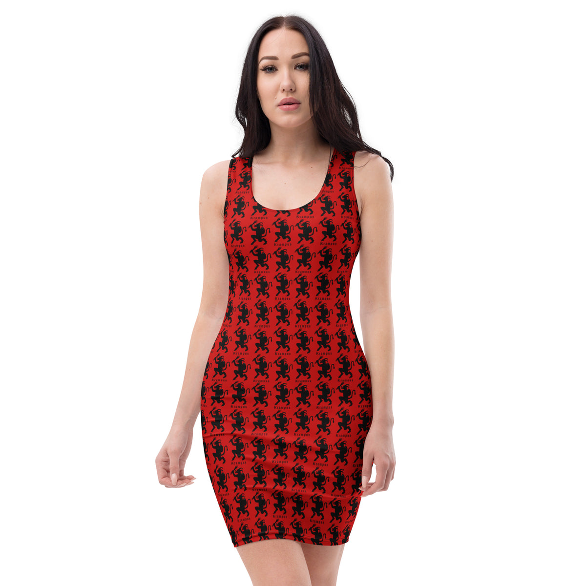 Red Krampus pattern on women's bodycon dress, front view