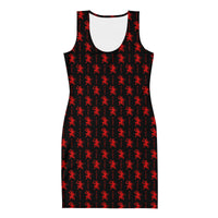 Black Krampus pattern on women's bodycon dress, front view