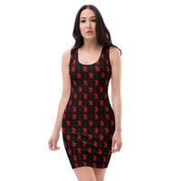 Black Krampus pattern on women's bodycon dress, front view