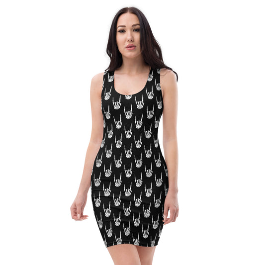 Devil Horns Bone Hands pattern on women's bodycon dress, front view