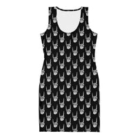 Devil Horns Bone Hands pattern on women's bodycon dress, front view