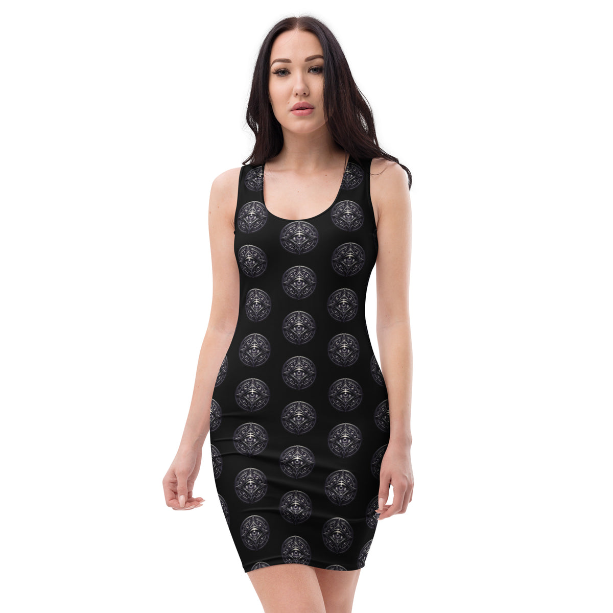All-Seeing Eye Medallions pattern on women's bodycon dress, front view