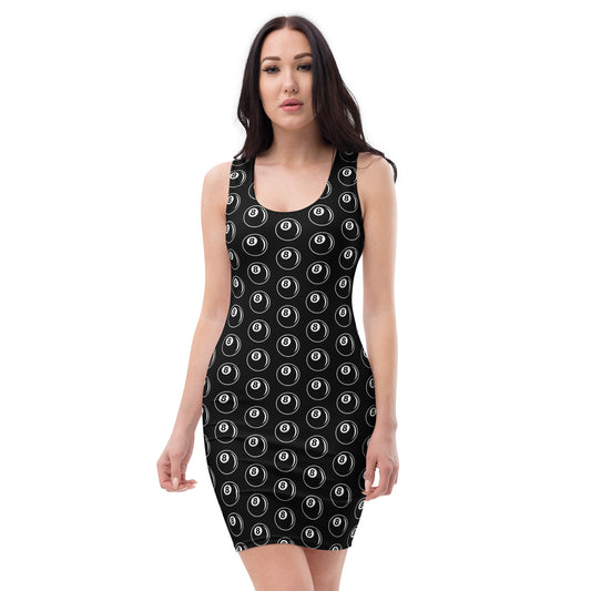 8 Ball Billiards pattern on women's bodycon dress, front view