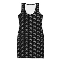 8 Ball Billiards pattern on women's bodycon dress, front view