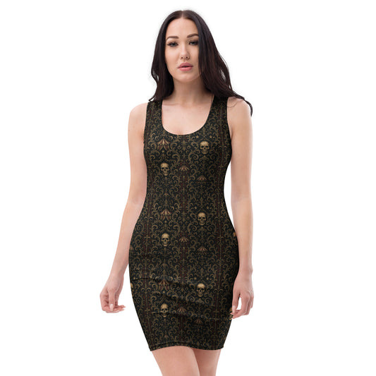 Skull Carnival pattern on women's bodycon dress, front view