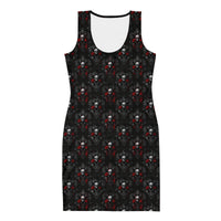 Bloody Skulls & Red Roses pattern on women's bodycon dress, front view