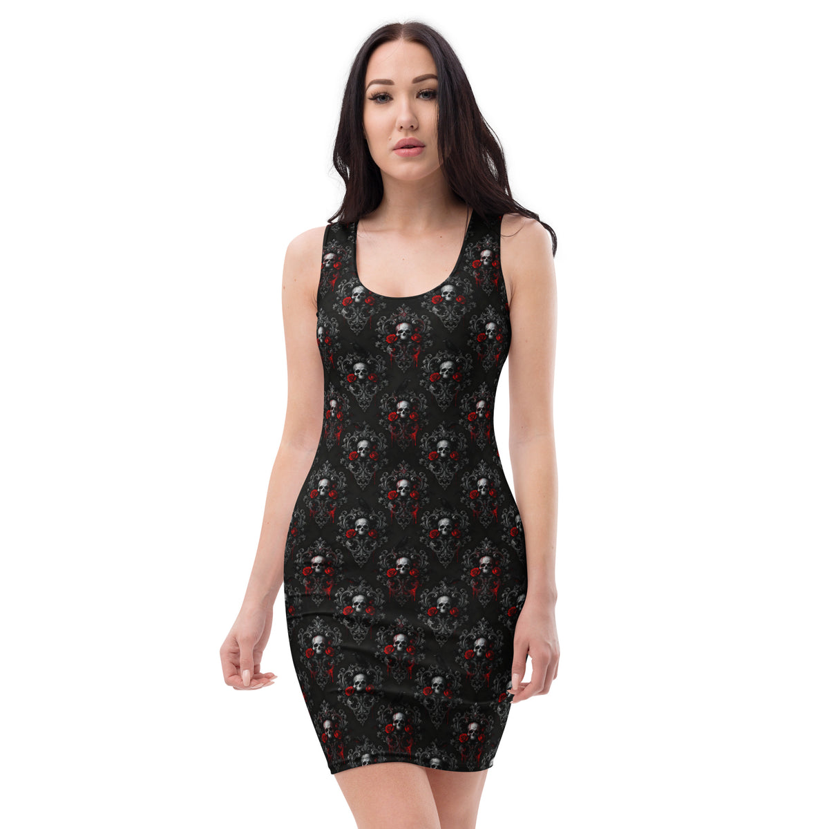 Bloody Skulls & Red Roses pattern on women's bodycon dress, front view