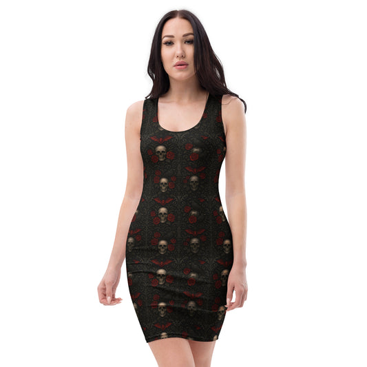 Skulls Bats Roses & Ravens pattern on women's bodycon dress, front view