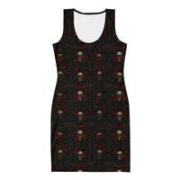 Skulls Bats Roses & Ravens pattern on women's bodycon dress, front view