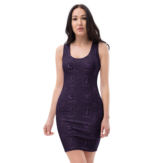 Purple Tarot Cards pattern on women's bodycon dress, front view