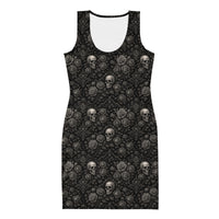 Skulls & Roses pattern on women's bodycon dress, front view
