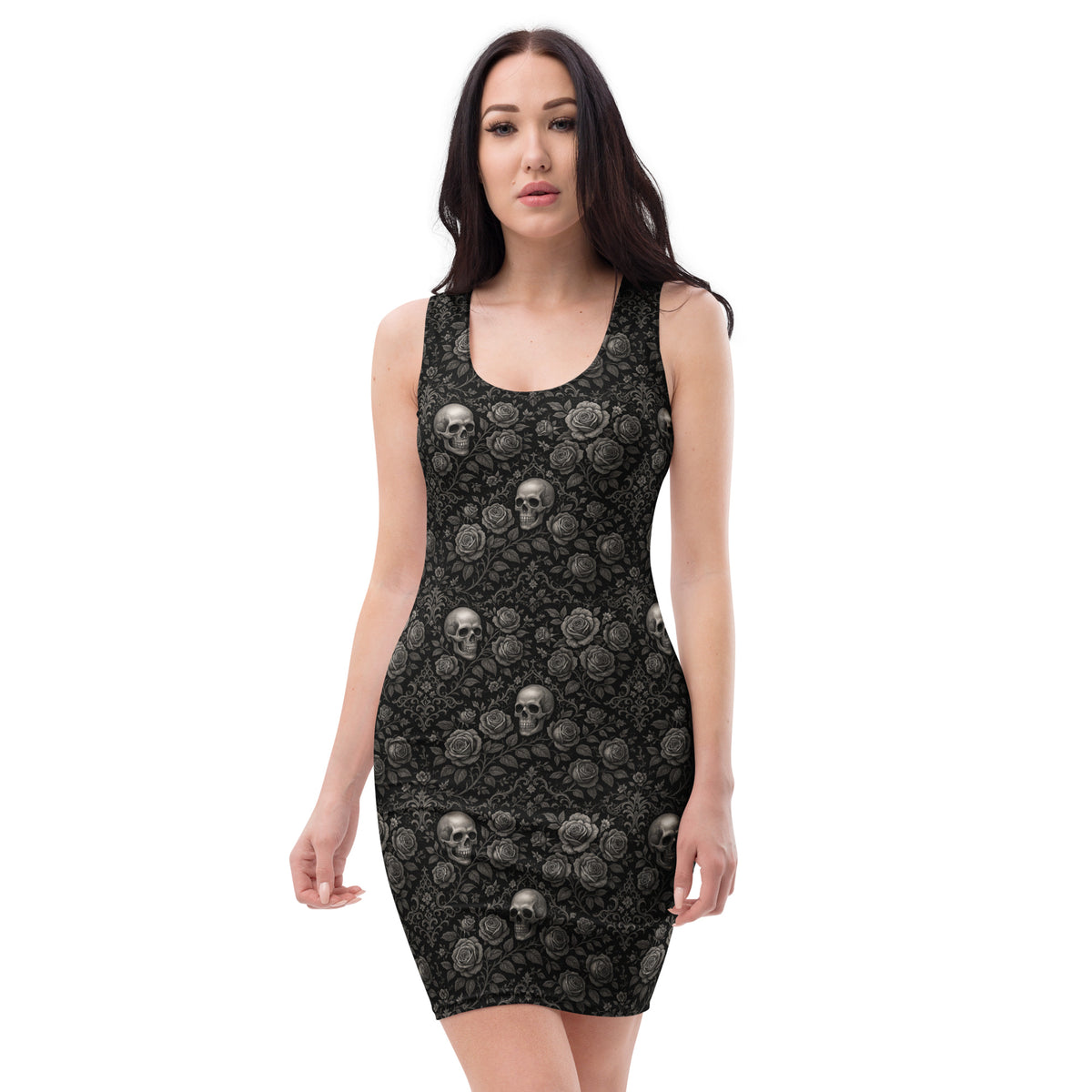 Skulls & Roses pattern on women's bodycon dress, front view