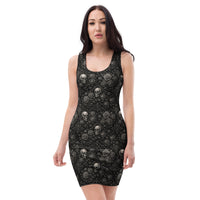 Skulls & Roses pattern on women's bodycon dress, front view
