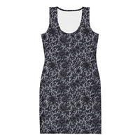 Black Rose Lace pattern on women's bodycon dress, front view