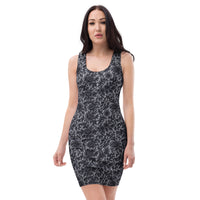 Black Rose Lace pattern on women's bodycon dress, front view