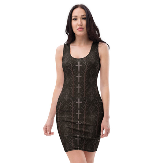 Gothic Cross & Dead Trees pattern on women's bodycon dress, front view