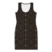 Gothic Cross & Dead Trees pattern on women's bodycon dress, front view