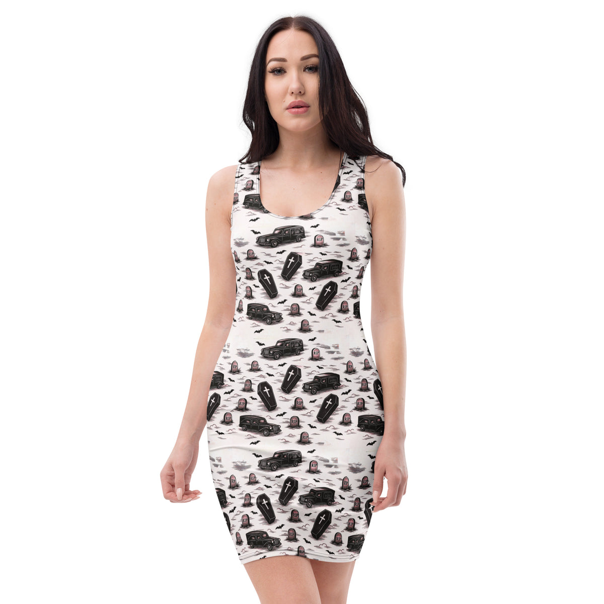 Hearse & Coffin pattern on women's bodycon dress, front view