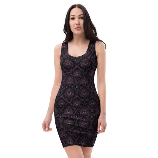 All-Seeing Eye pattern on women's bodycon dress, front view