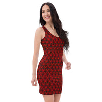 Red Haunted Mansion pattern on women's bodycon dress, right-front view