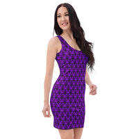 Purple Haunted Mansion pattern on women's bodycon dress, right-front view