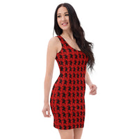 Red Krampus pattern on women's bodycon dress, right-front view
