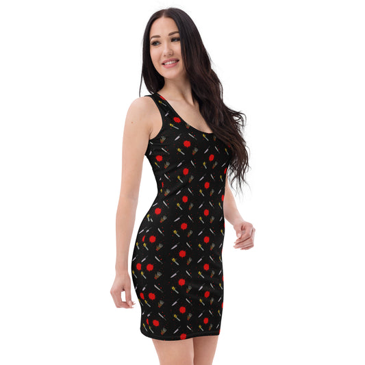 Classic Horror Weapons pattern on women's bodycon dress, right-front view
