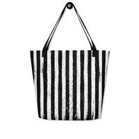 Distressed Vertical Stripes all-over pattern on unisex tote bag, back view