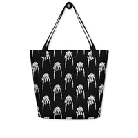 Devil Horns Bone Hand all-over pattern on unisex tote bag, back view