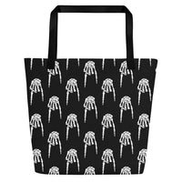 Devil Horns Bone Hand all-over pattern on unisex tote bag, back view