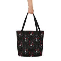 Skulls Roses & Ravens all-over pattern on unisex tote bag, back view