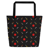 Classic Horror Weapons all-over pattern on unisex tote bag, back view