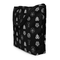 Demonology Occult Symbols artwork on unisex tote bag, front view