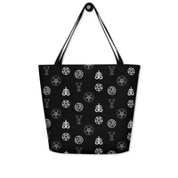 Demonology Occult Symbols artwork on unisex tote bag, front view
