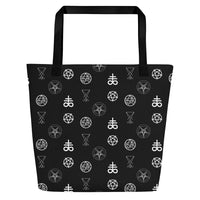 Demonology Occult Symbols artwork on unisex tote bag, front view