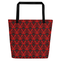 Red Haunted Mansion artwork on unisex tote bag, front view