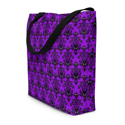 Purple Haunted Mansion artwork on unisex tote bag, front view