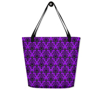 Purple Haunted Mansion artwork on unisex tote bag, front view