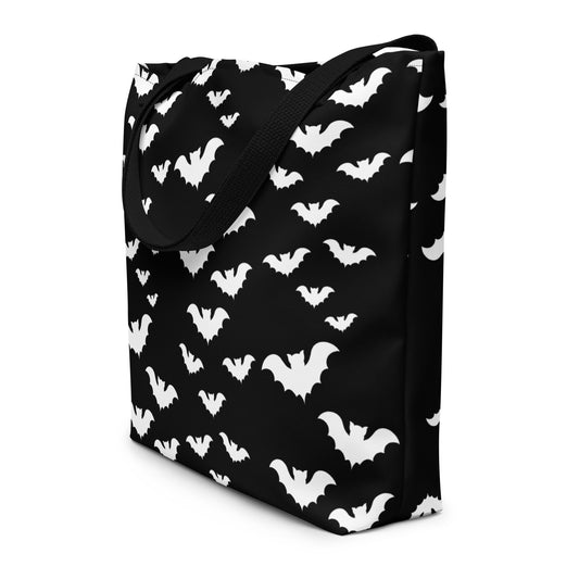 Flying Vampire Bats artwork on unisex tote bag, front view