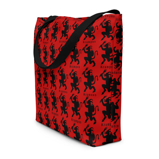 Red Krampus artwork on unisex tote bag, front view