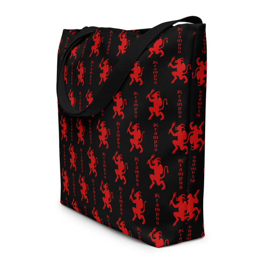 Black Krampus artwork on unisex tote bag, front view