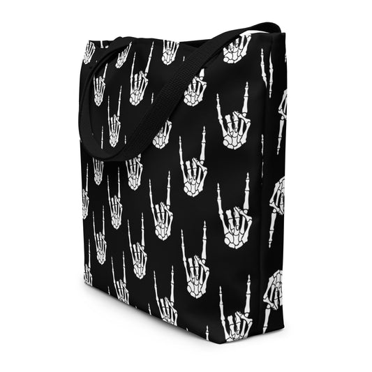 Devil Horns Bone Hand artwork on unisex tote bag, front view