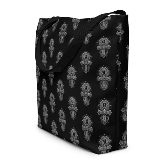 Egyptian Ankh artwork on unisex tote bag, front view