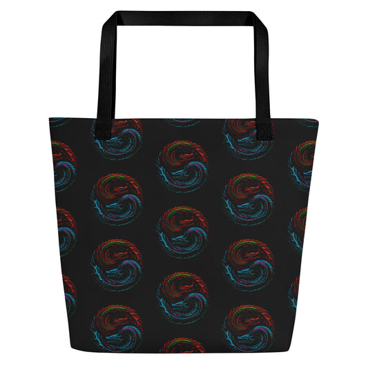 Yin Yang Dragons artwork on unisex tote bag, front view