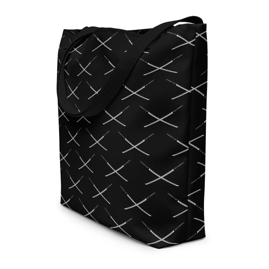 Crossed Katana artwork on unisex tote bag, front view