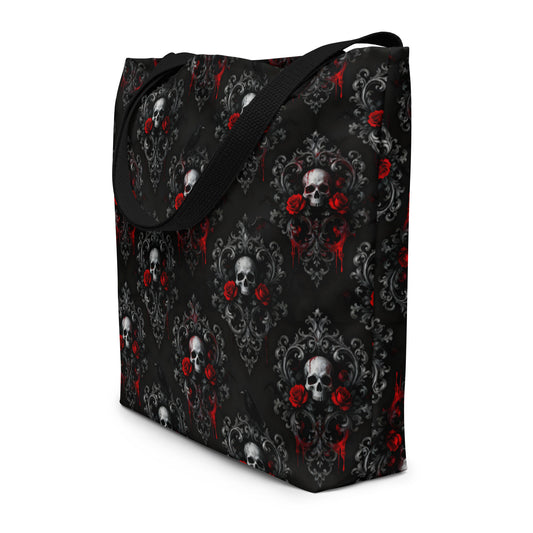 Skulls Roses & Ravens artwork on unisex tote bag, front view