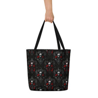 Skulls Roses & Ravens artwork on unisex tote bag, front view