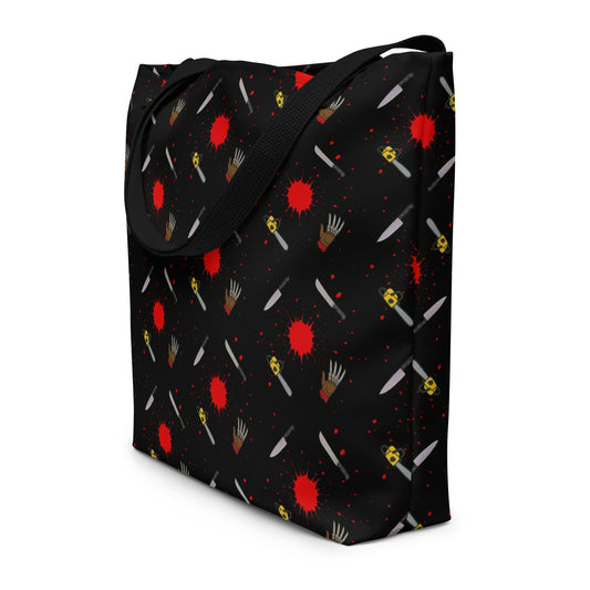 Classic Horror Weapons artwork on unisex tote bag, front view