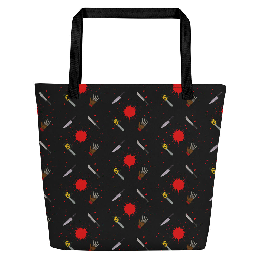 Classic Horror Weapons artwork on unisex tote bag, front view