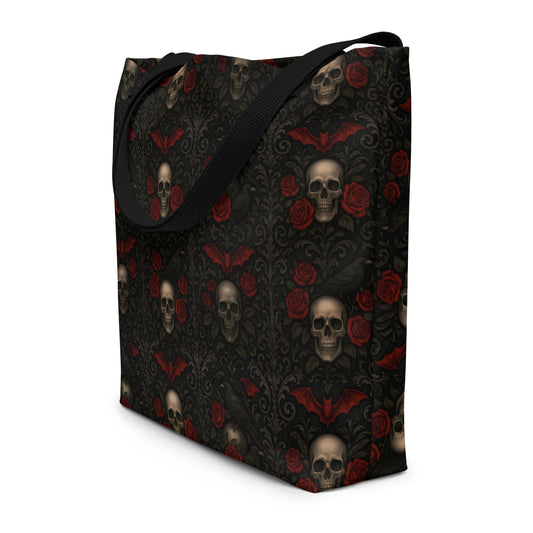 Skulls Bats Roses & Ravens artwork on unisex tote bag, front view